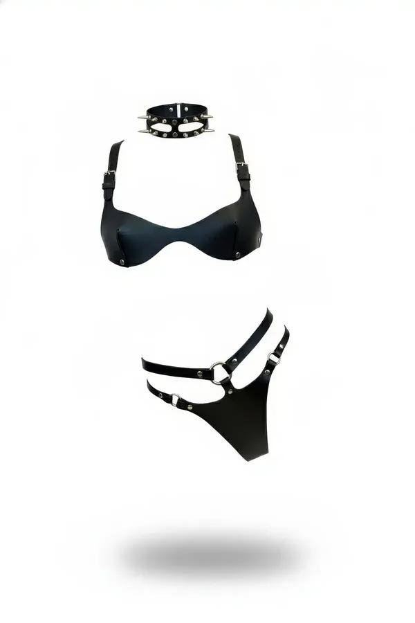 Studded Faux Leather Bralette and Thong Harness Set