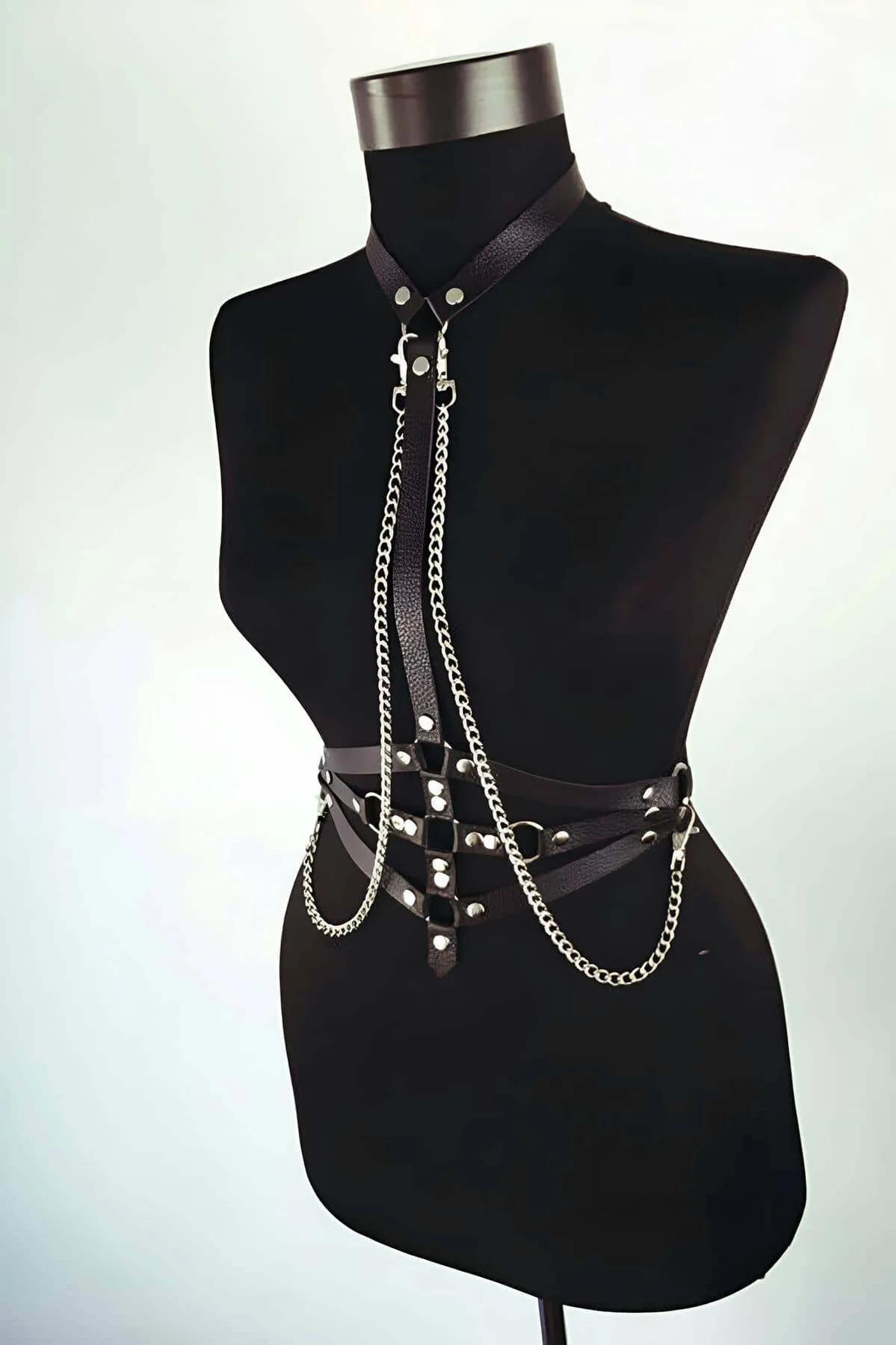 Leather Body Harness with Chains - Adjustable Fashion