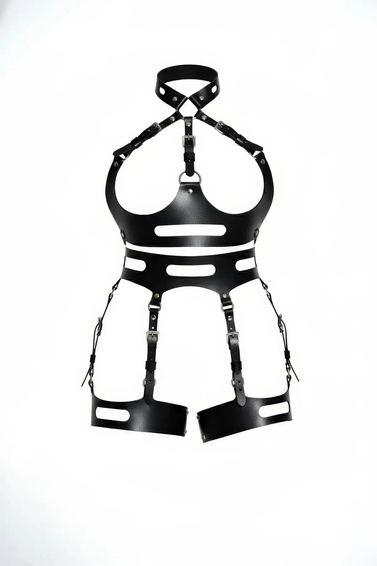 Full Body Faux Leather Harness with Corset Waist & Thigh Garters