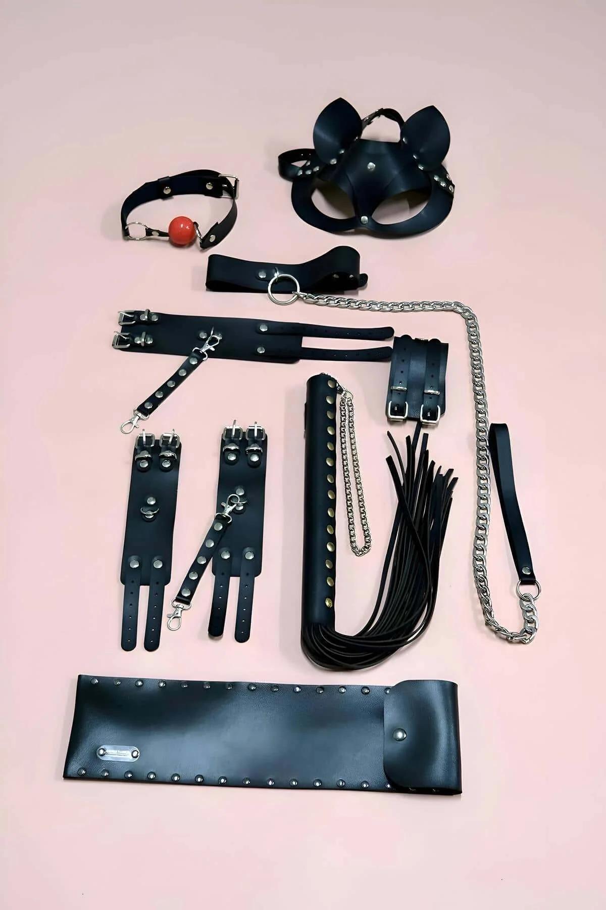 Deluxe BDSM Play Kit with Leather Cuffs, Mask, Gag & Whip