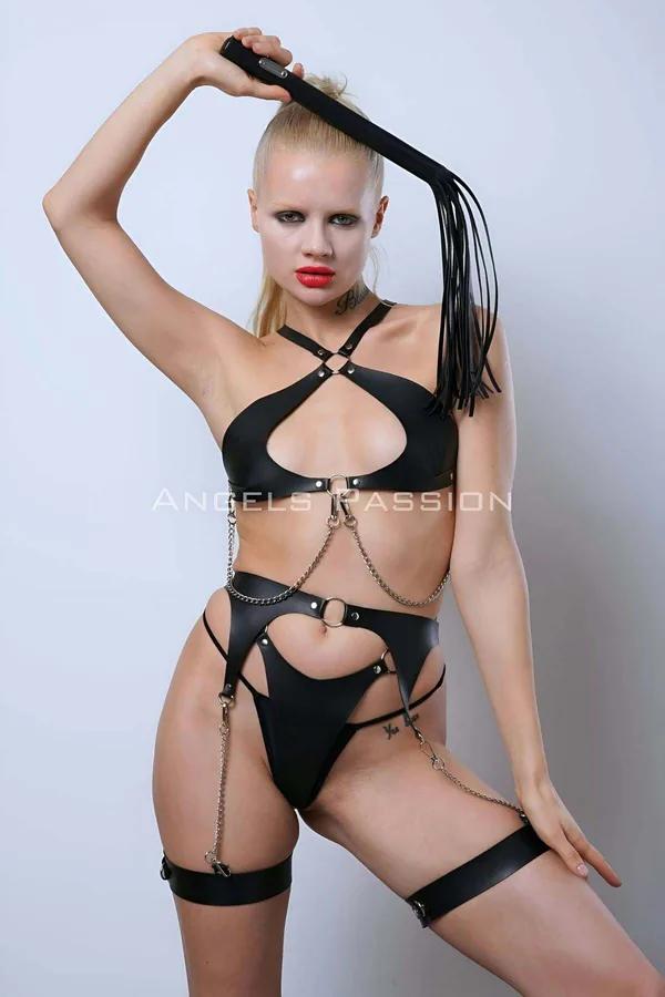 Faux Leather Full Body Harness with Chest & Garter Straps
