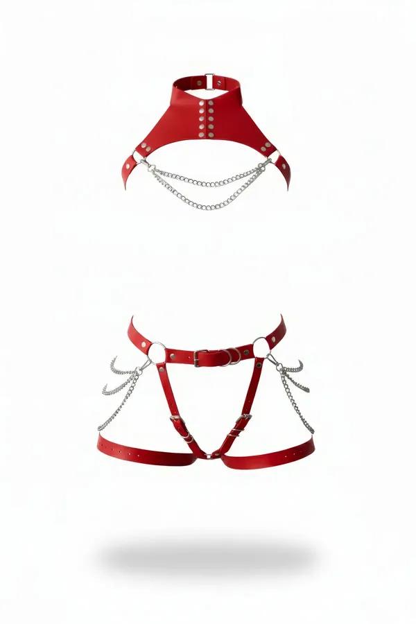Red Faux Leather Harness Set with Chains