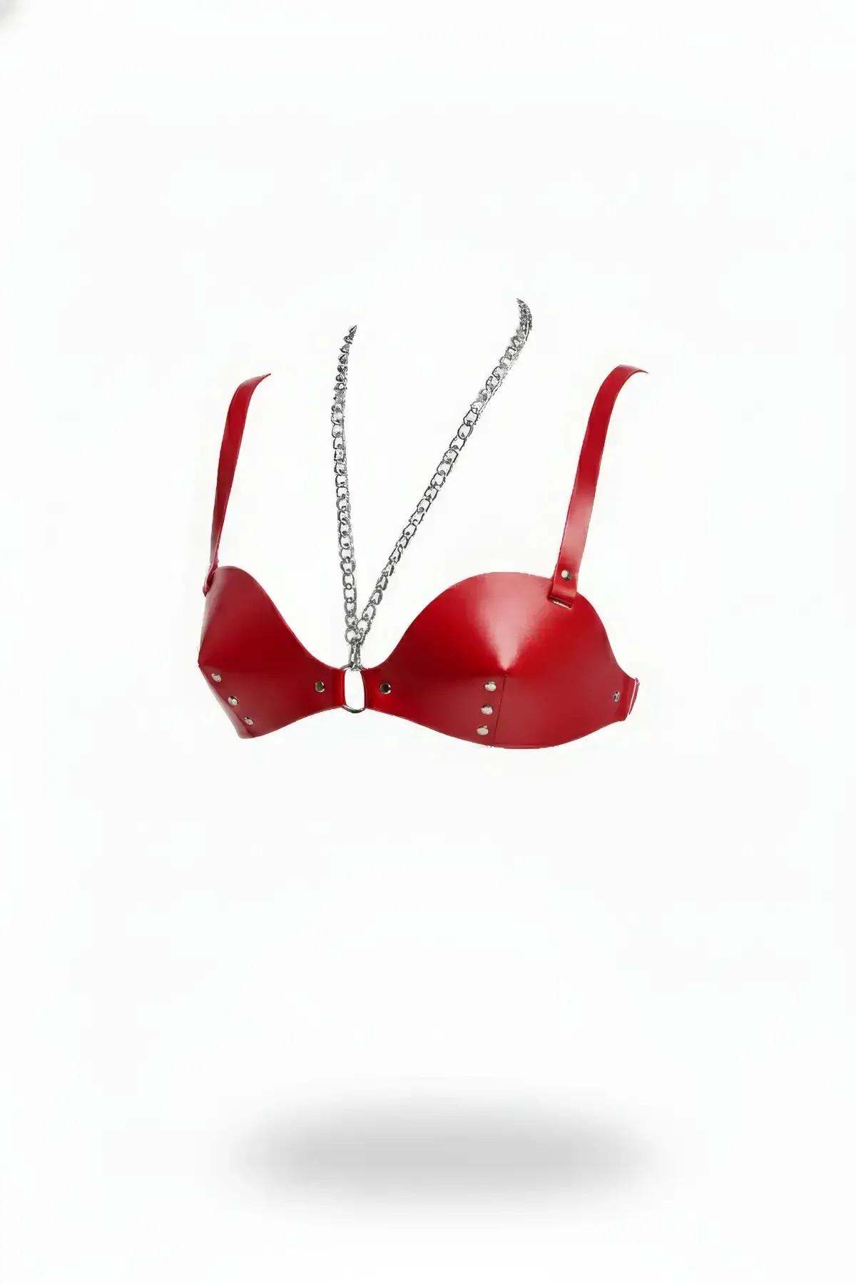 Red Faux Leather Cup Harness with Stud Details & Chain