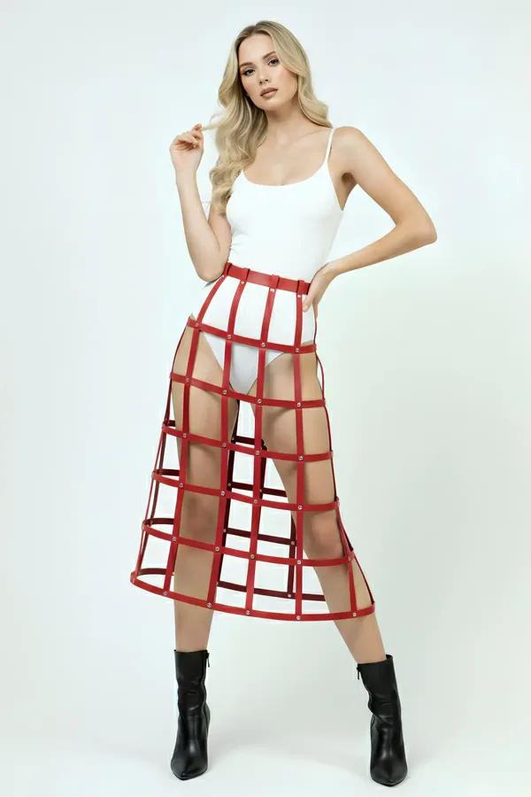 Red Faux Leather Cage Skirt Harness