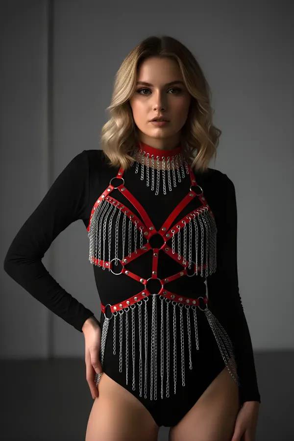 Red Leather Body Harness with Draped Chains and Choker Set