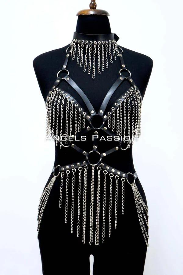 Red Leather Body Harness with Draped Chains and Choker Set