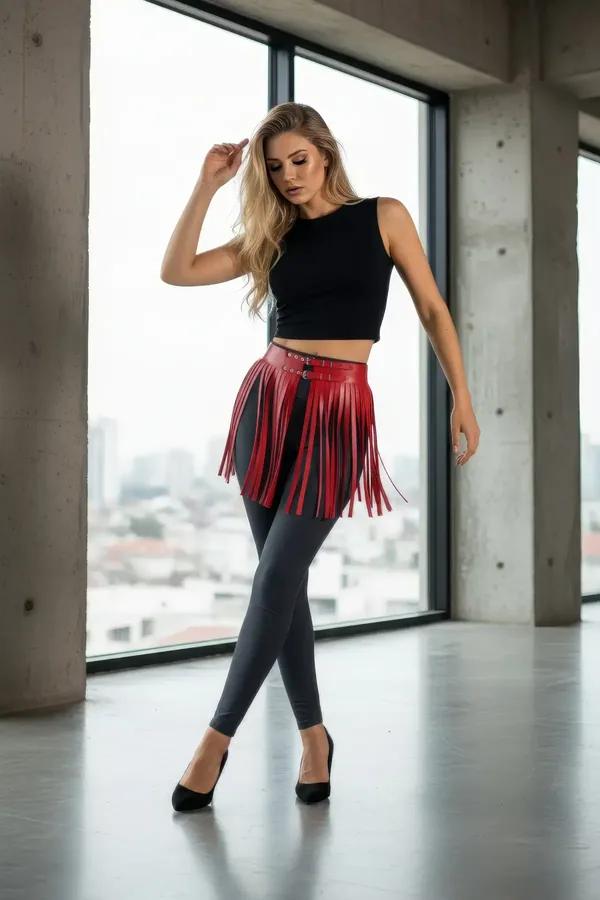 Red Fringe Waist Belt with Vegan Leather Tassels