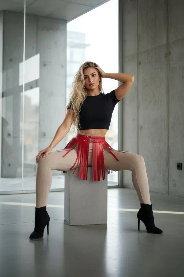 Red Fringe Waist Belt with Vegan Leather Tassels