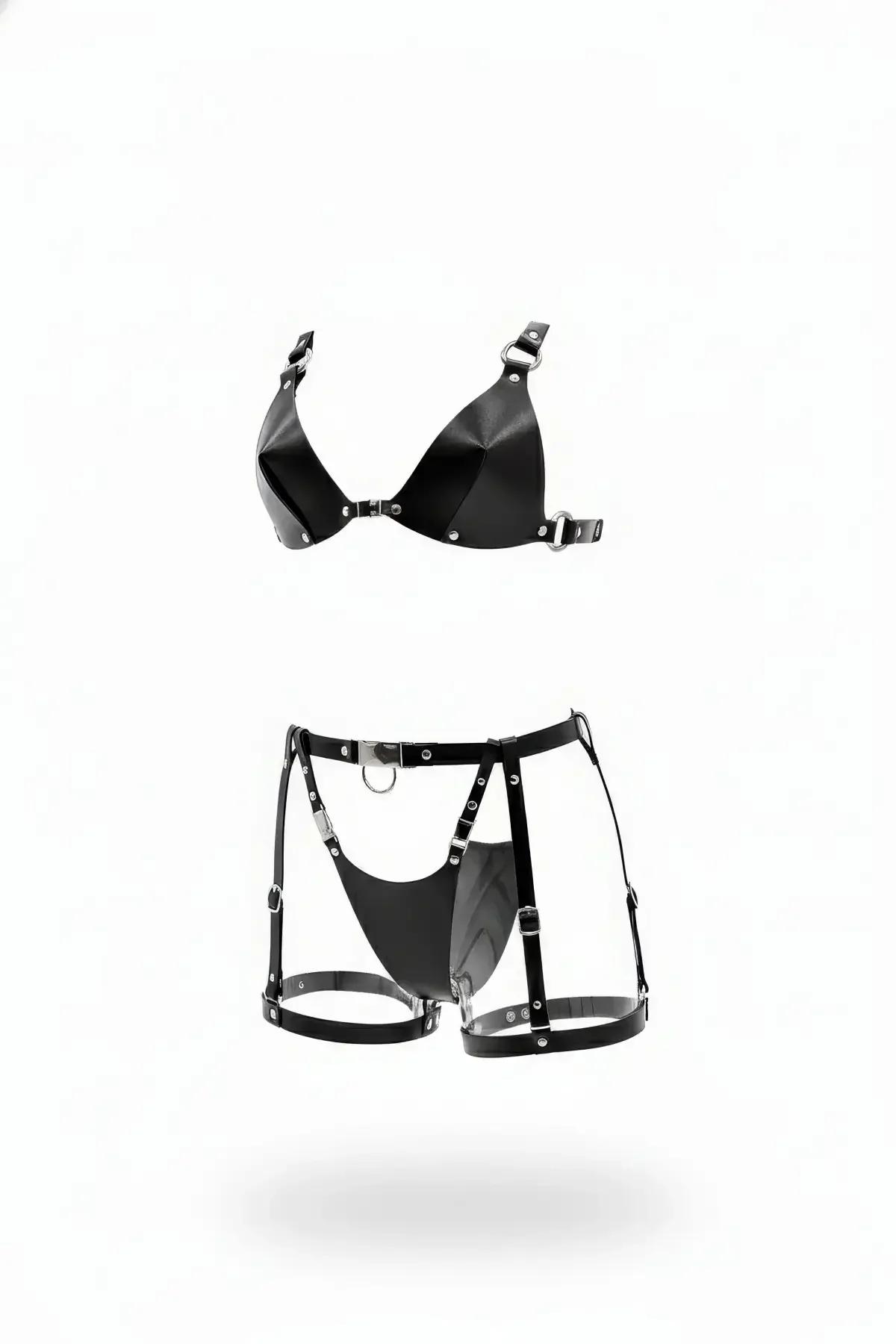 Geometric Faux Leather Bra Top & Garter Short Set