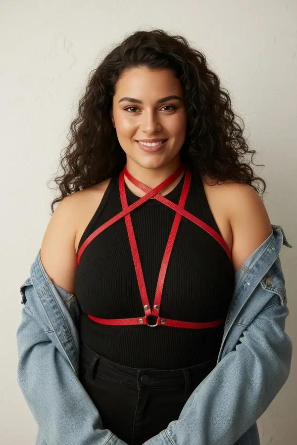 Red Faux Leather Overbust Harness with Waist Belt