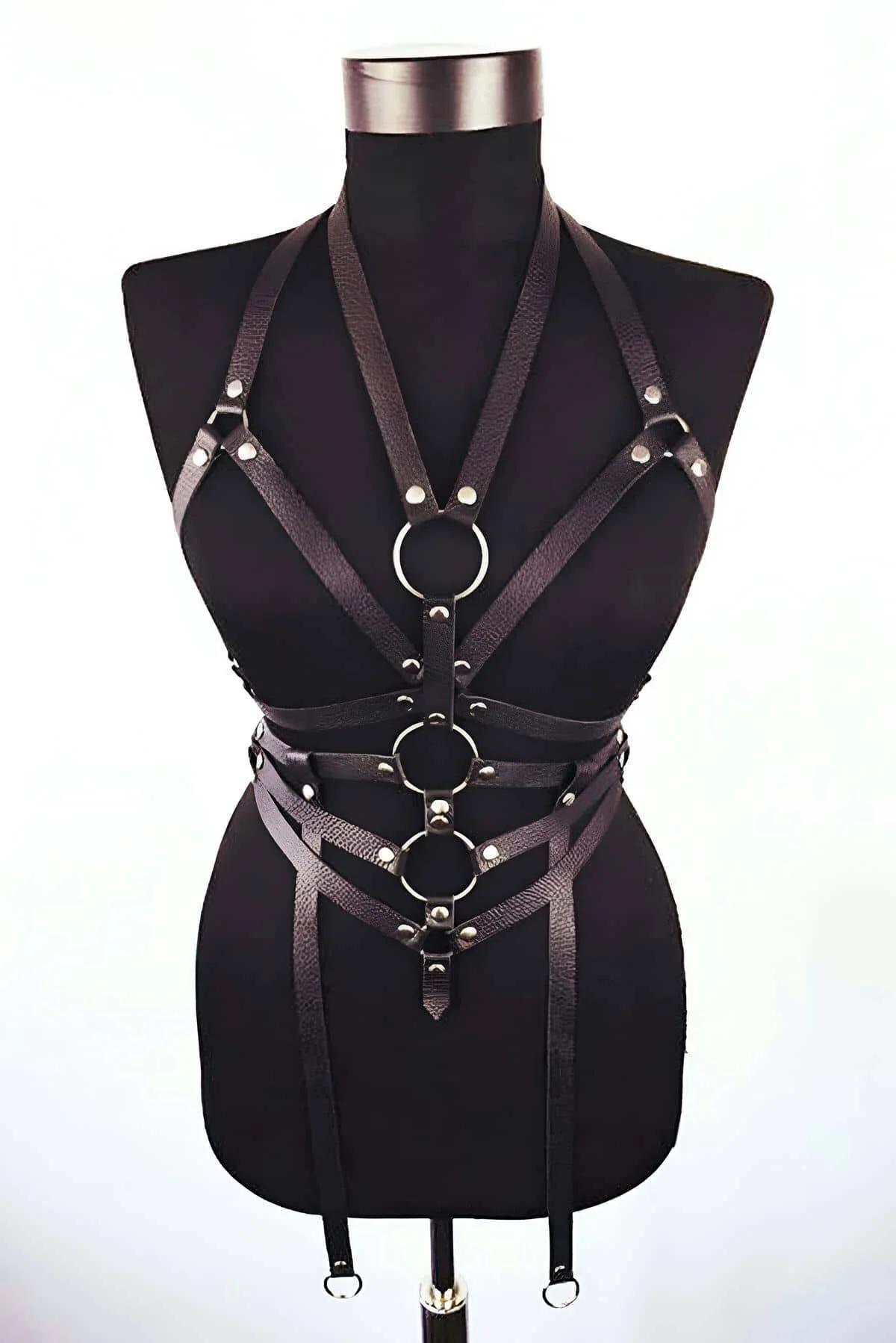 Adjustable Faux Leather Body Harness with O-Rings and Straps