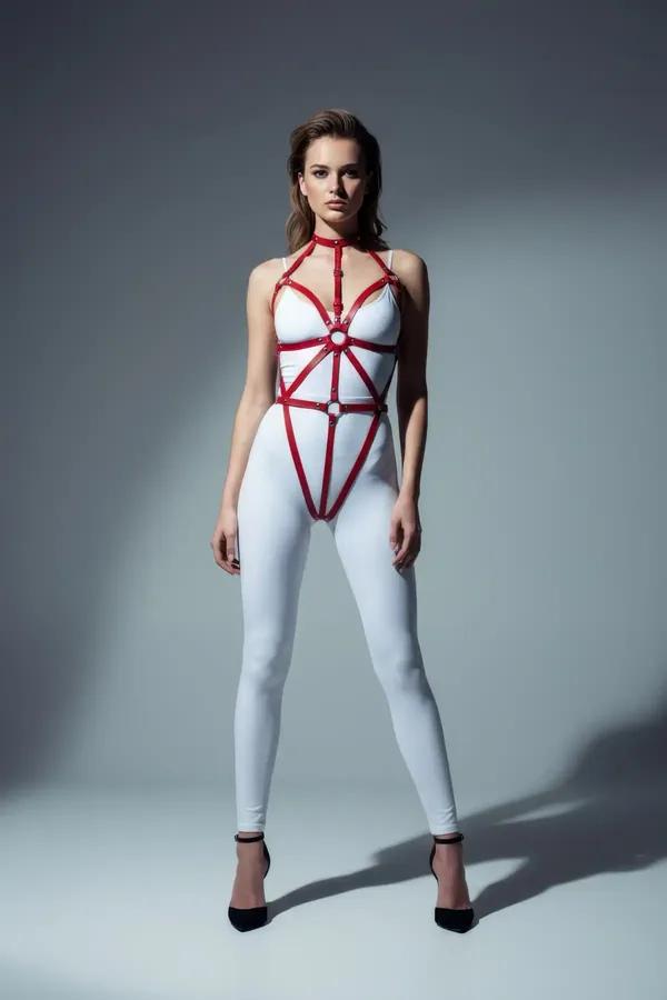 Red Adjustable Body Harness - Women's Faux Leather Metal Ring