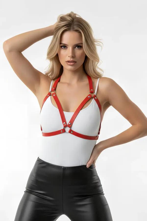 Red Faux Leather Chest Harness with O-Ring