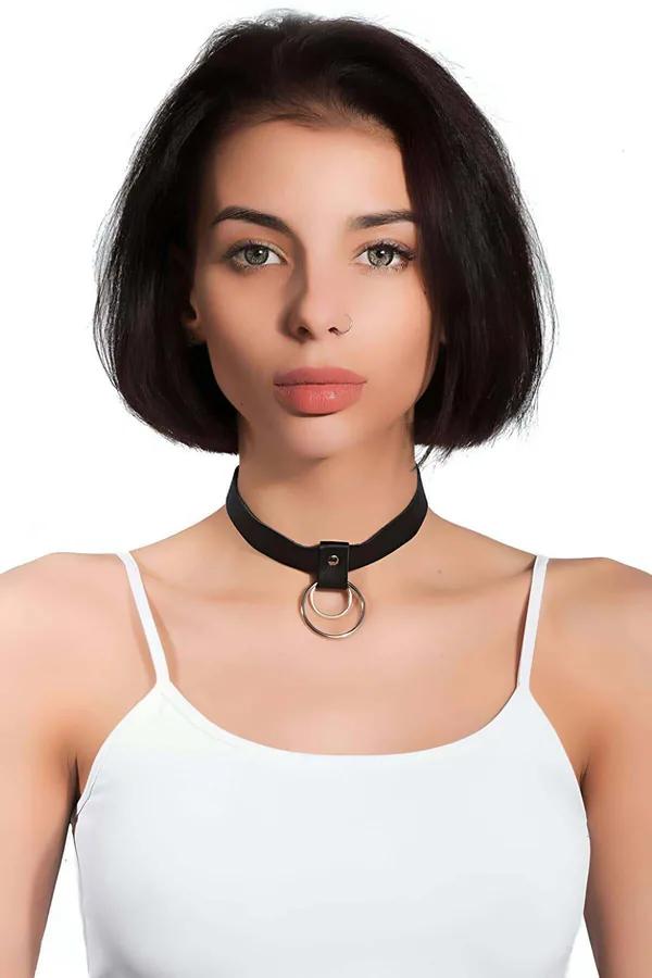 O-Ring Choker Necklace - Adjustable Black Faux Leather