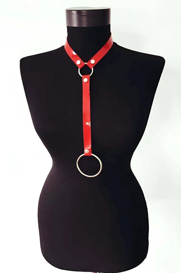 Red Patent Choker Harness with O-Ring Detail