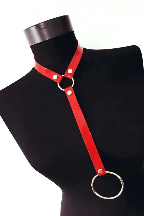 Red Patent Choker Harness with O-Ring Detail
