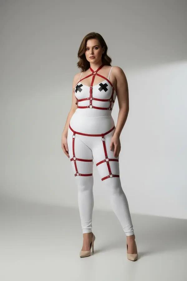Red Strappy Body Harness with Leg Garter Straps