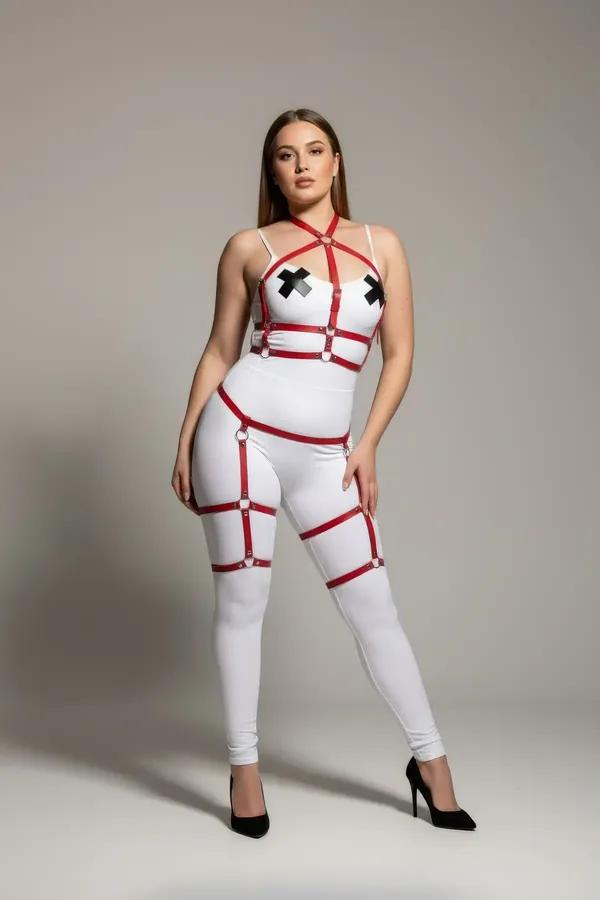 Red Strappy Body Harness with Leg Garter Straps
