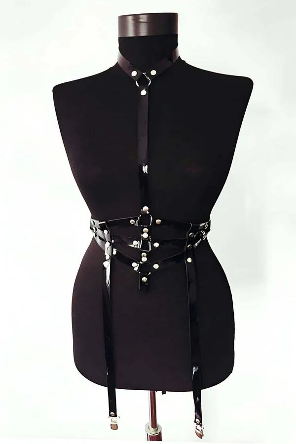 Adjustable Body Harness with Garter Straps - Faux Leather