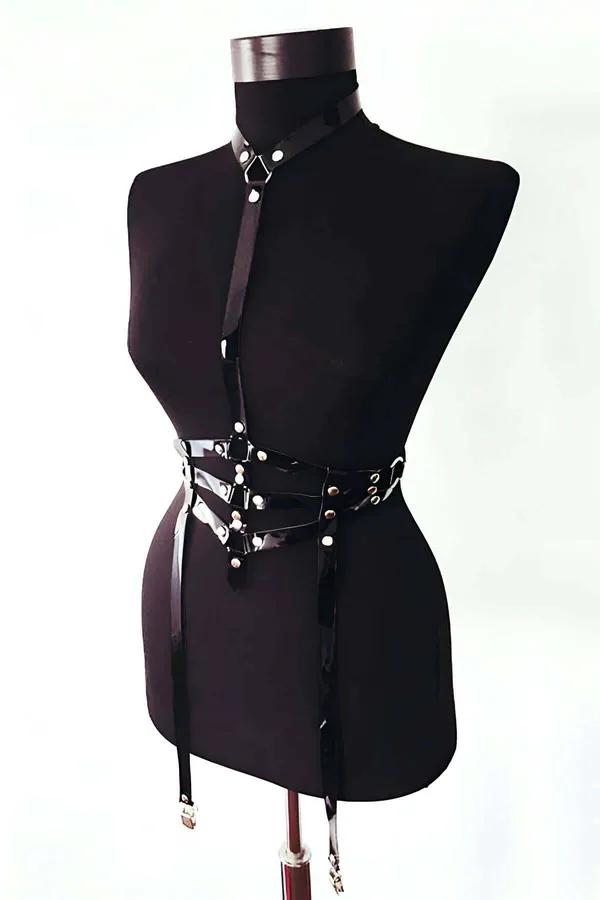 Adjustable Body Harness with Garter Straps - Faux Leather