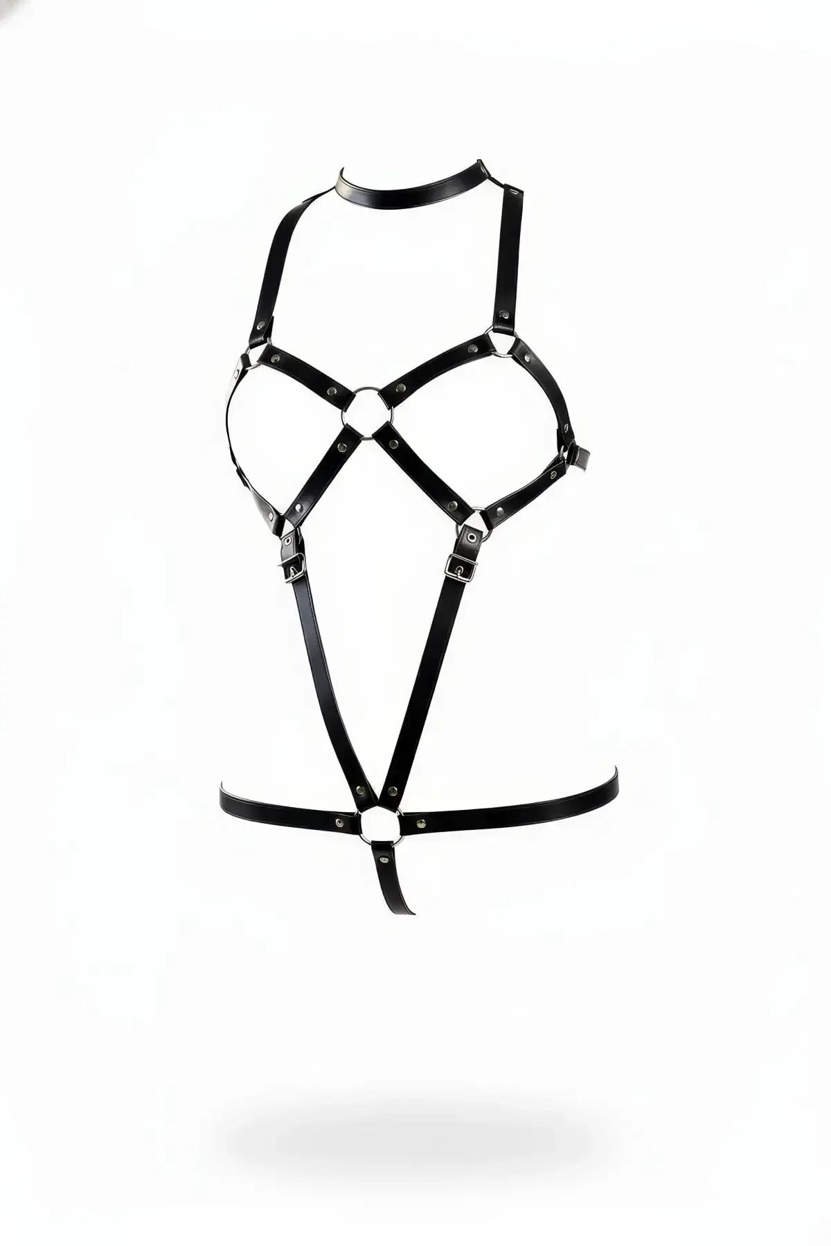 Black Faux Leather Body Harness with O-Ring Hardware