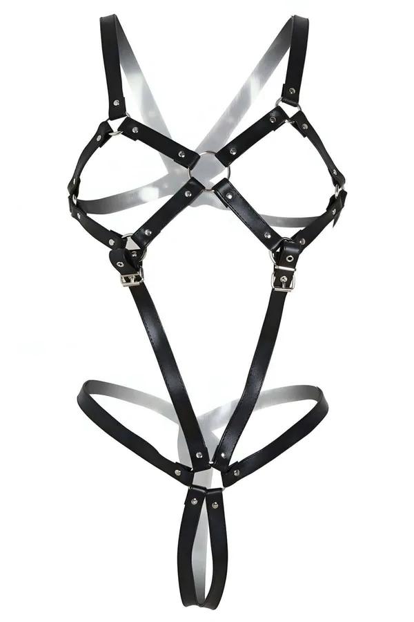 Adjustable Faux Leather Body Harness with O-Rings and Buckles