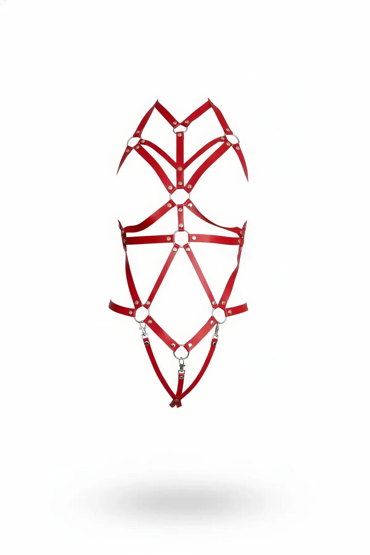 Men's Red Leather Full Body Harness Adjustable Strap