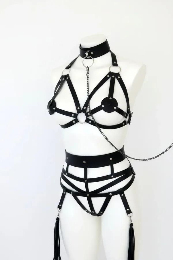 Multi-Piece Harness Set with Choker, Bra, Waist Belt & Garters