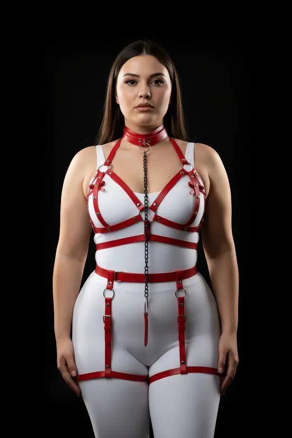 Red Full Body Harness Set with Chain and Thigh Garters