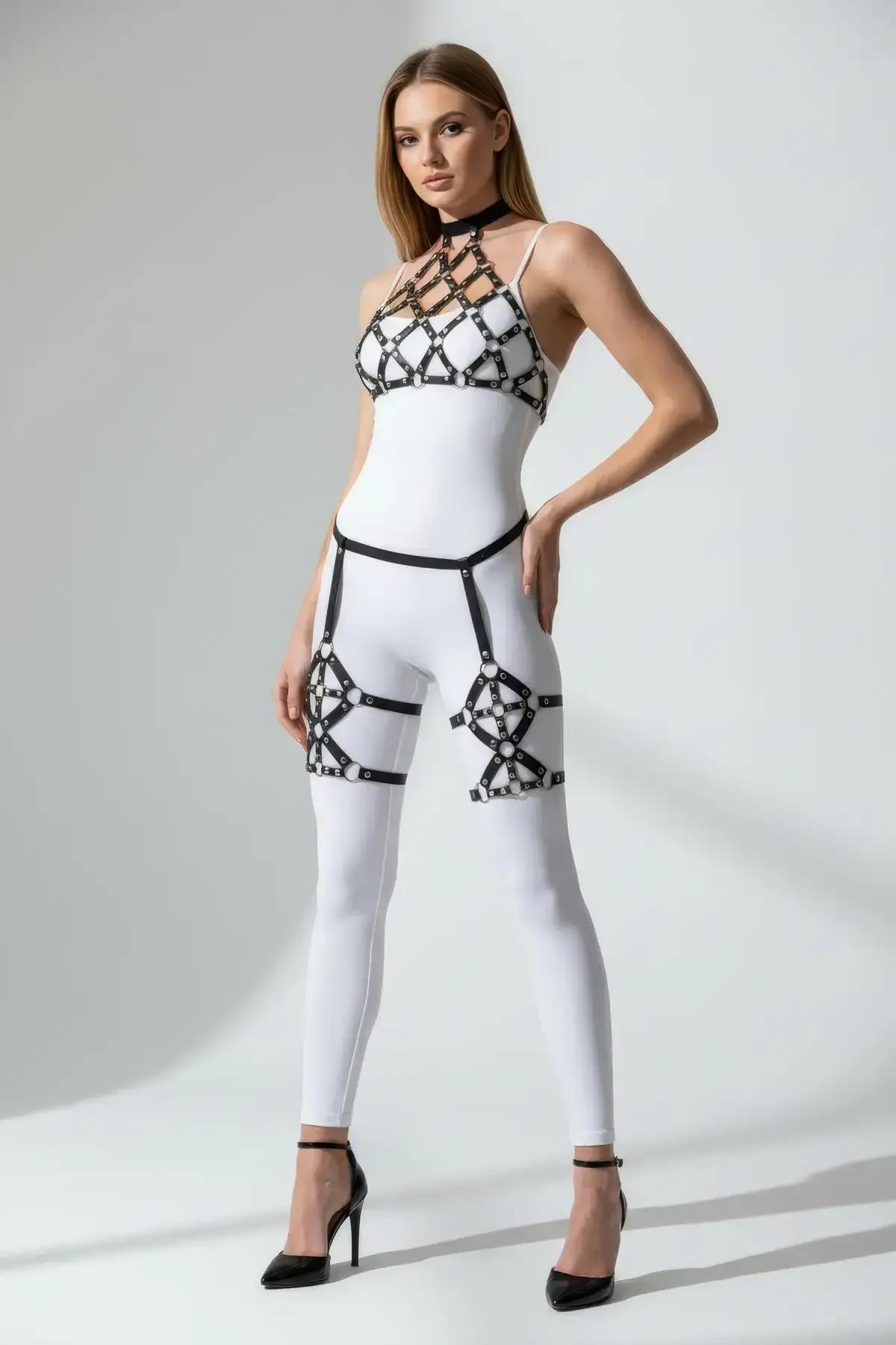 Caged Bodice & Leg Faux Leather Harness Set
