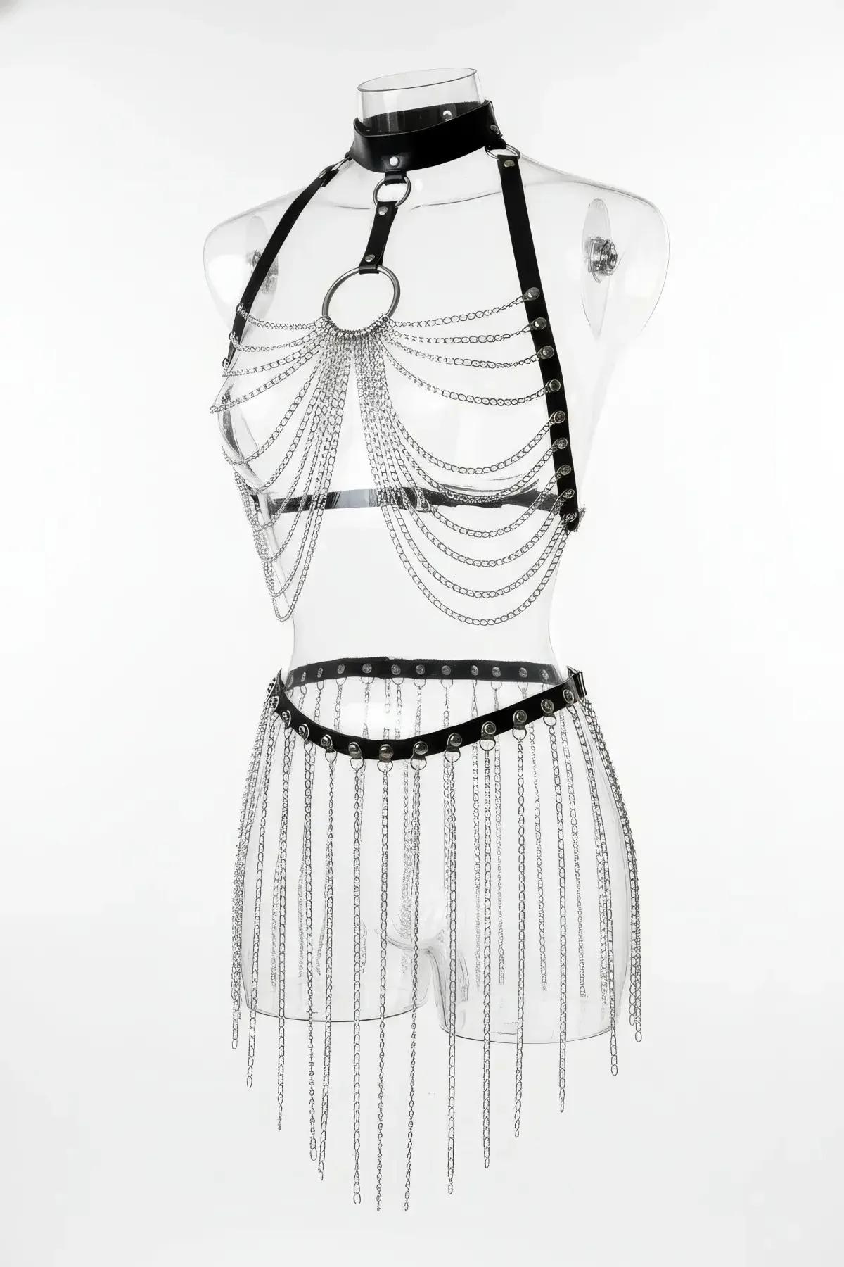 Faux Leather & Chain Body Harness with Fringe Skirt Set