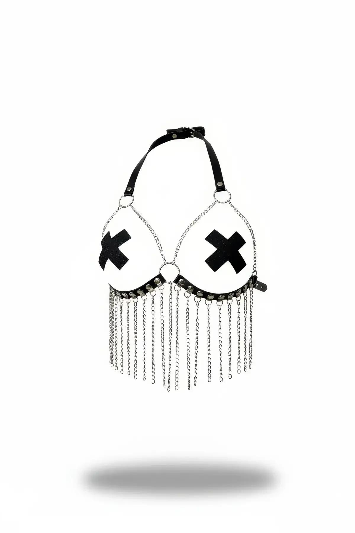 Faux Leather Chest Harness Bra with Fringe Chains & Crosses