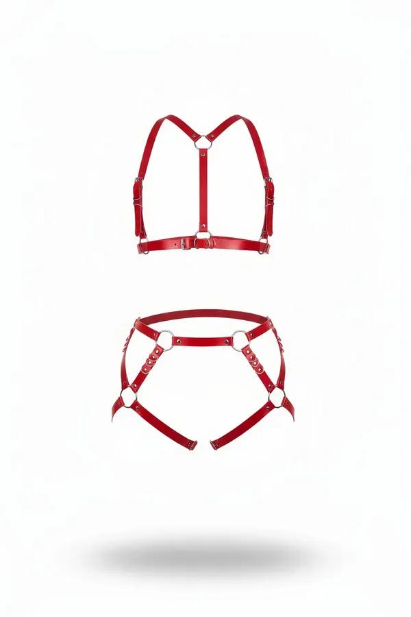 Red Faux Leather Body Harness Set with O-Rings