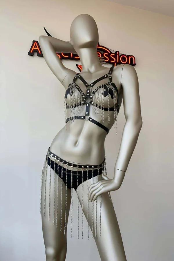 Women's Leather Chain Harness Bra & Matching Skirt Set