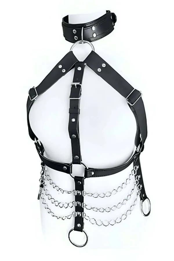 Faux Leather Chest Harness with Adjustable Straps & Chains