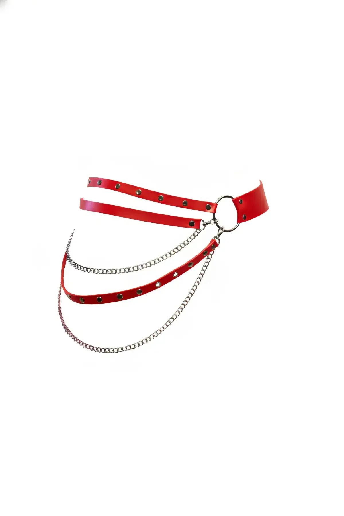 Red Faux Leather Waist Harness with Layered Chains & O-Ring