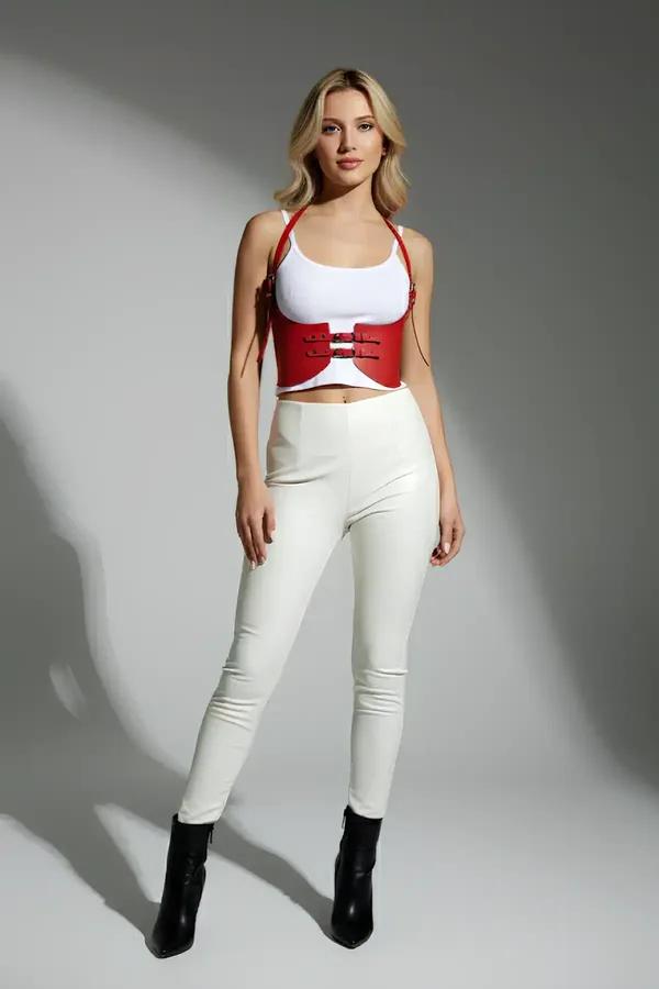 Women's Leather Harness Belt - Adjustable Red Waist Cinch