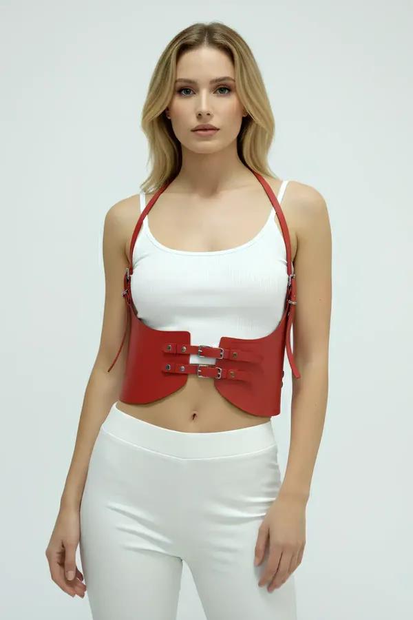 Women's Leather Harness Belt - Adjustable Red Waist Cinch