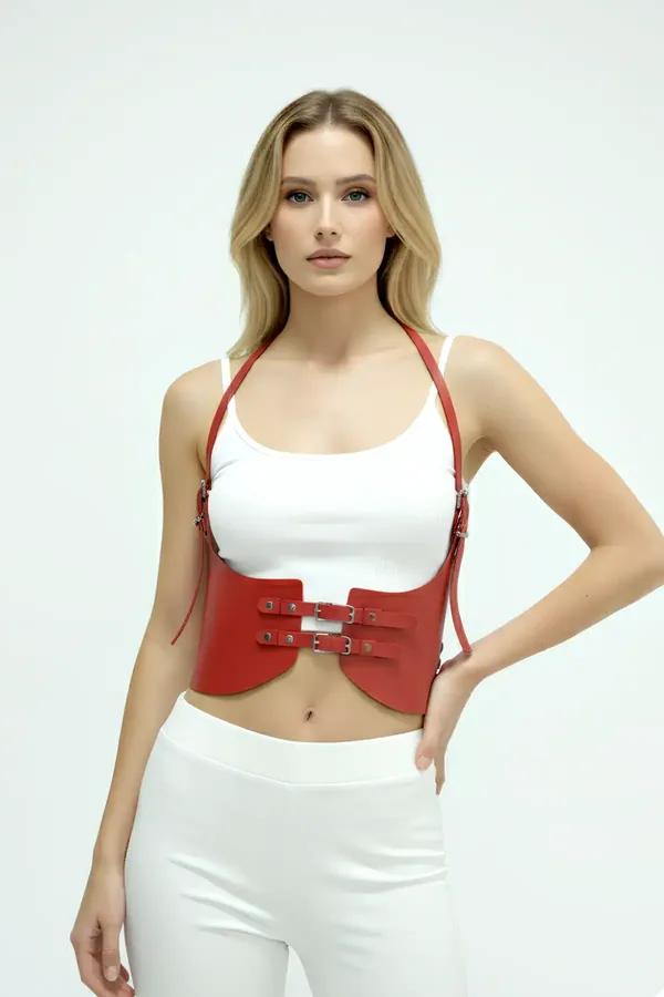 Women's Leather Harness Belt - Adjustable Red Waist Cinch