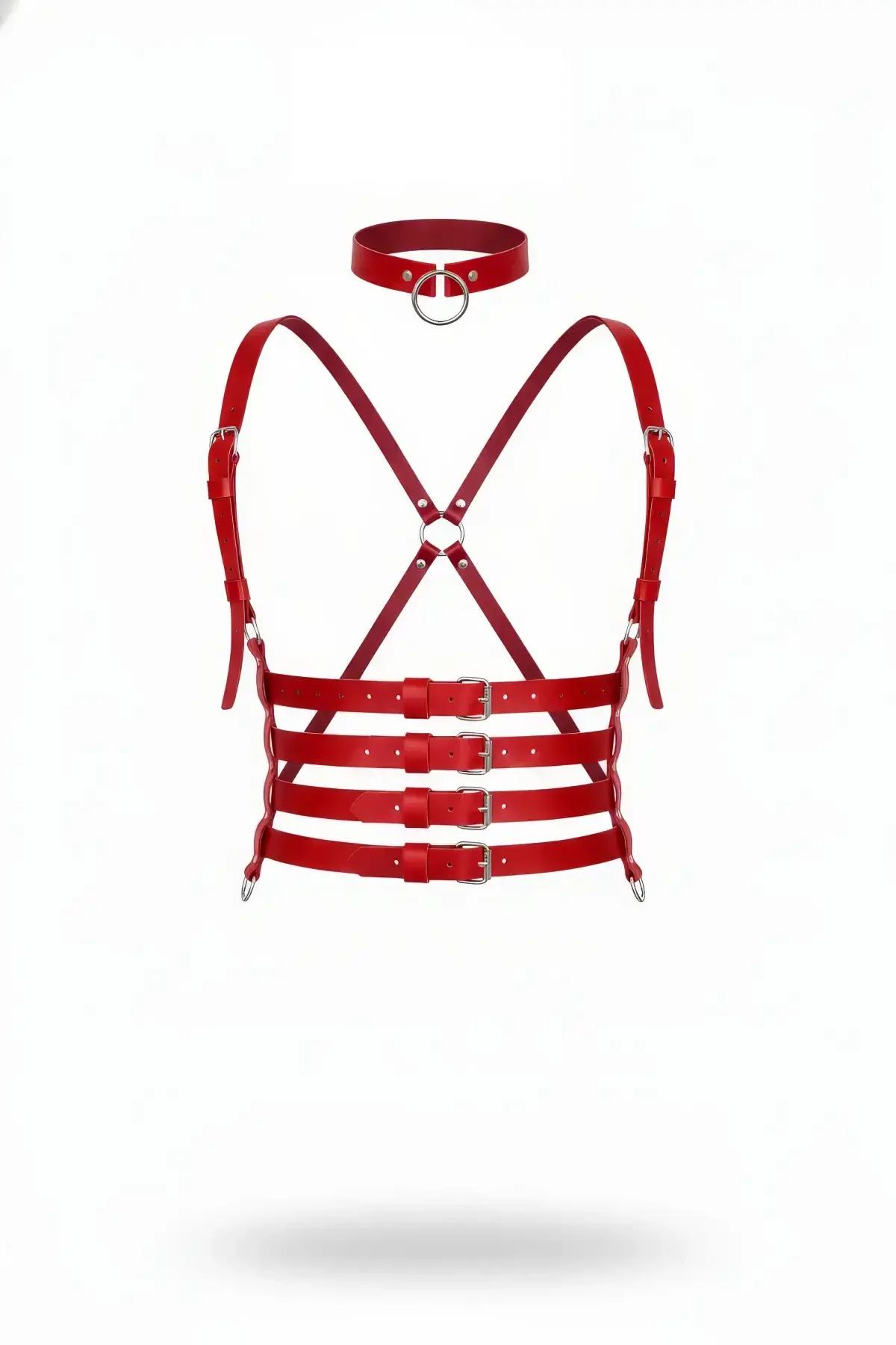 Red Caged Body Harness & Choker Set