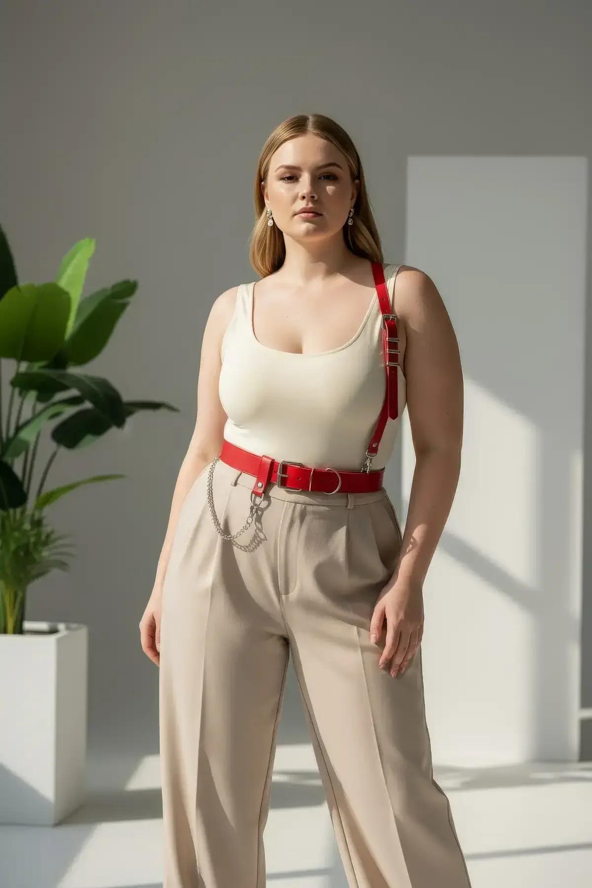 Red Faux Leather Harness Belt with Detachable Chain