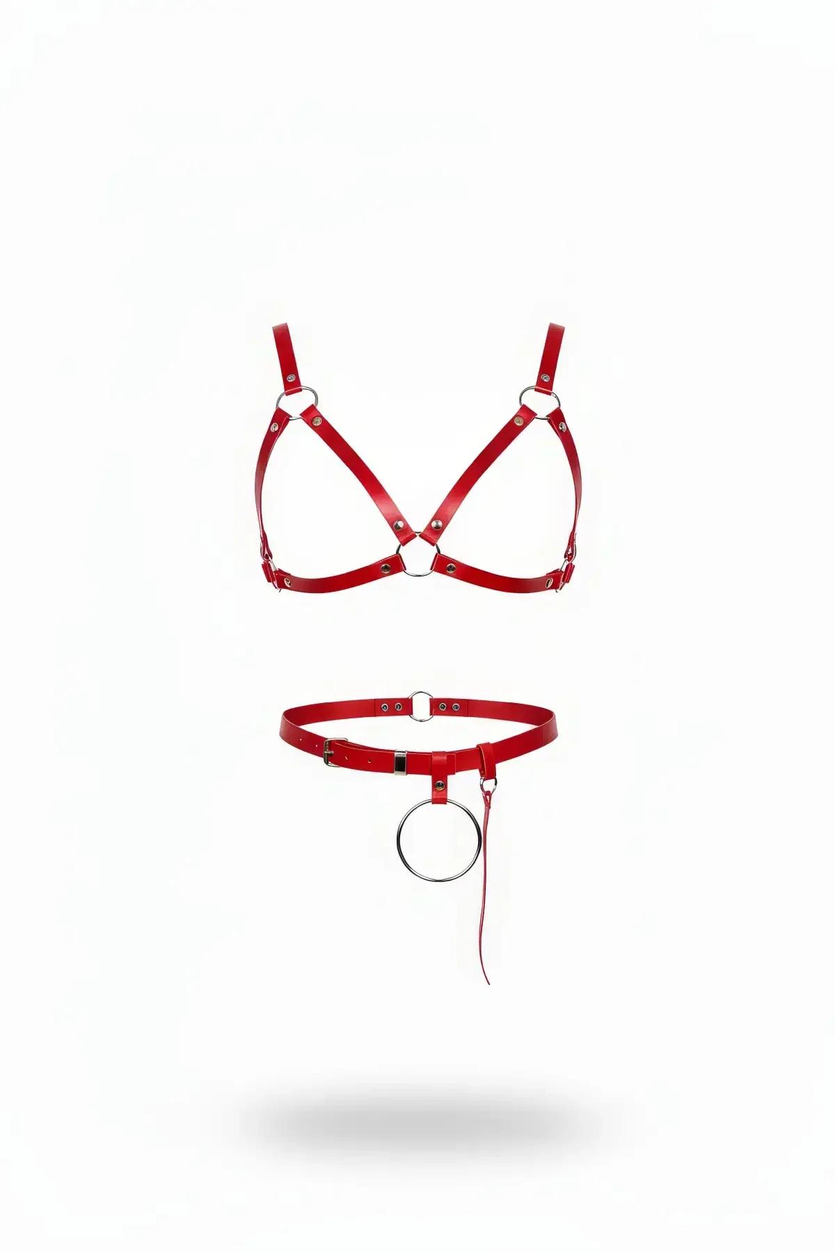 Red Strappy Harness Bra & O-Ring Waist Belt Set