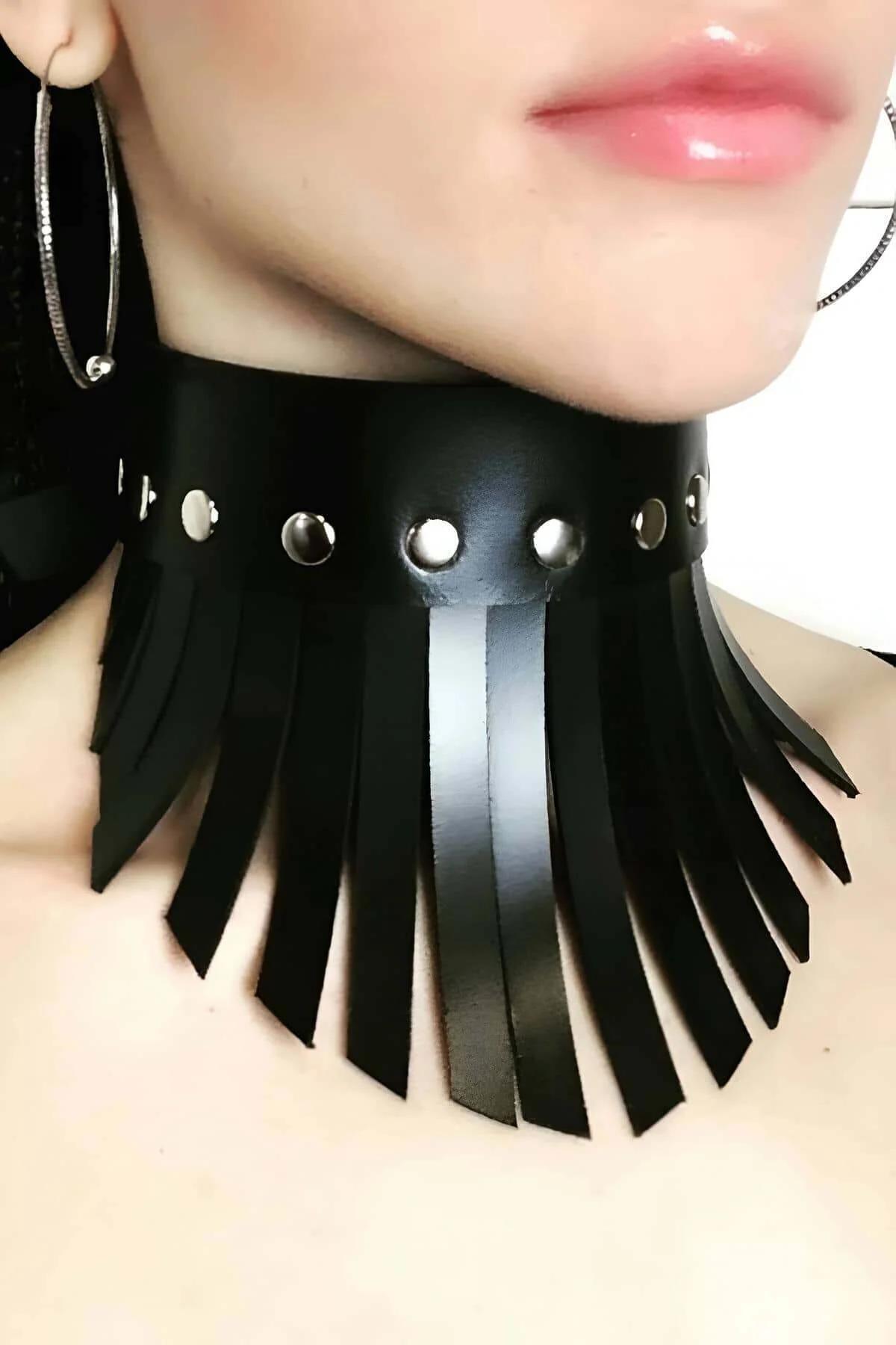 Black Leather Choker Collar with Fringe Tassels & Studs