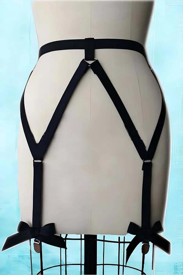 Adjustable Black Garter Harness with Bows - Secure Fit & Style