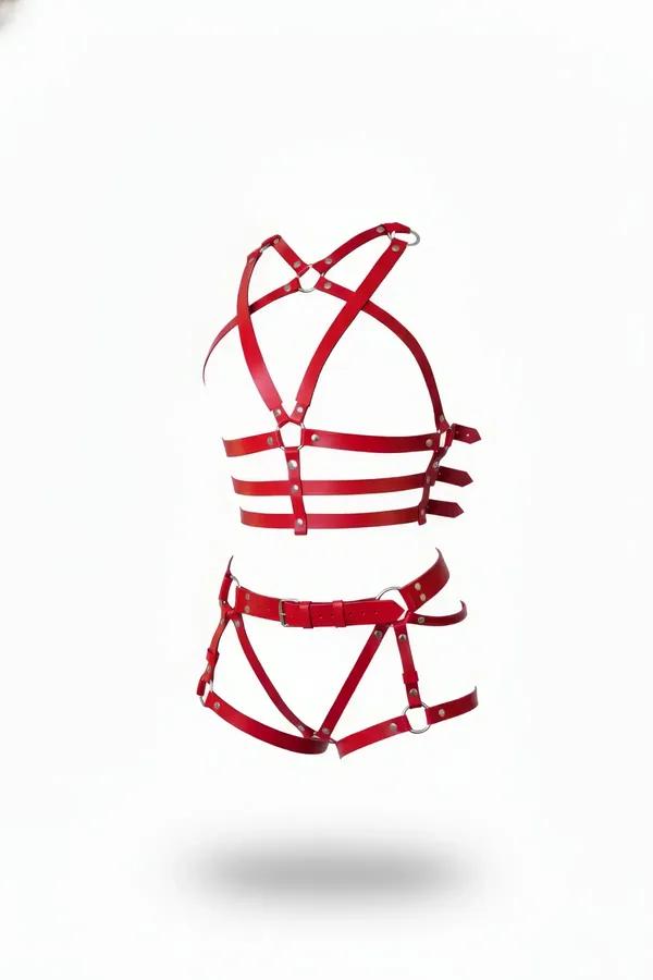Red Faux Leather Cage Harness Set with O-Rings