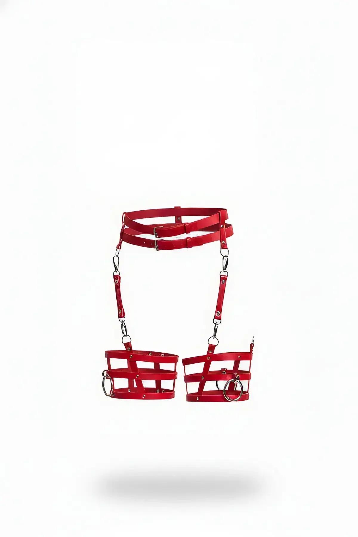 Red Caged Leg Garter Harness with Adjustable Waist & O-Rings