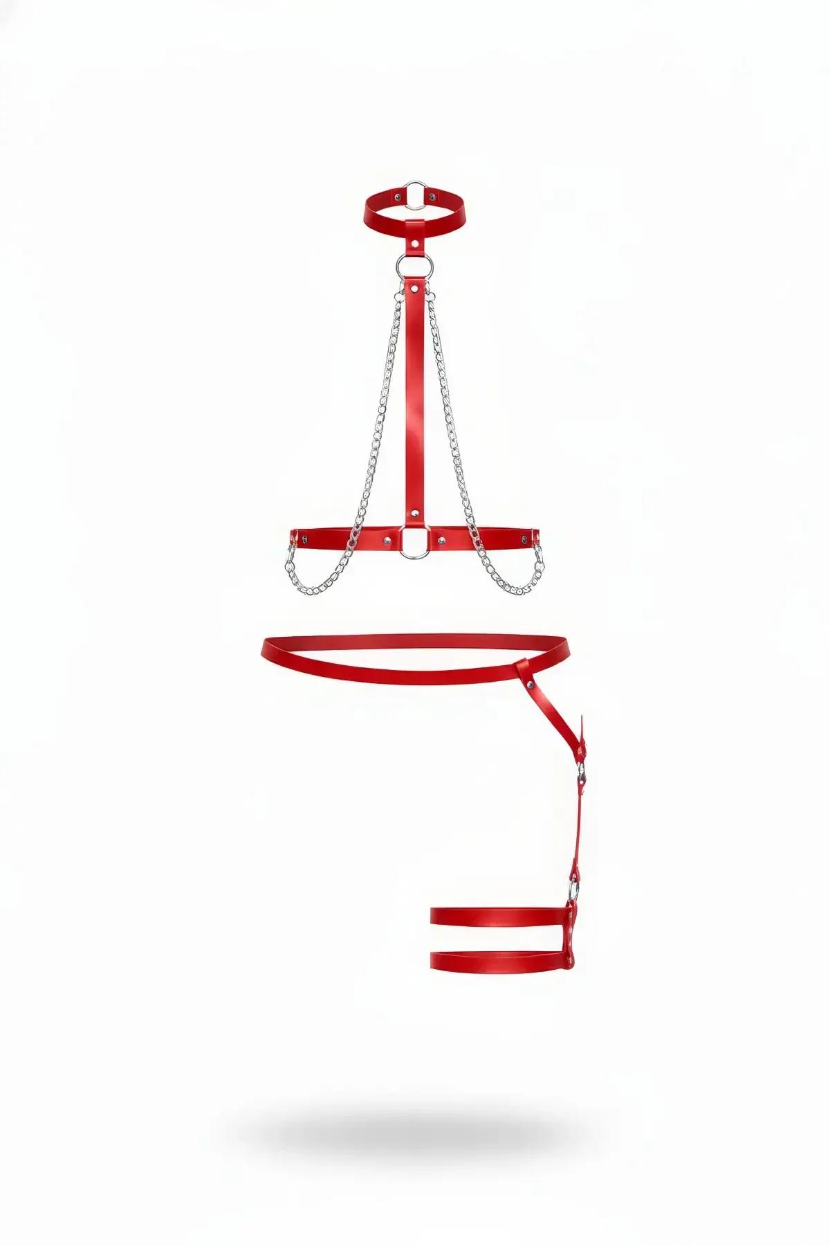 Red Faux Leather Body Harness Set with Thigh Straps