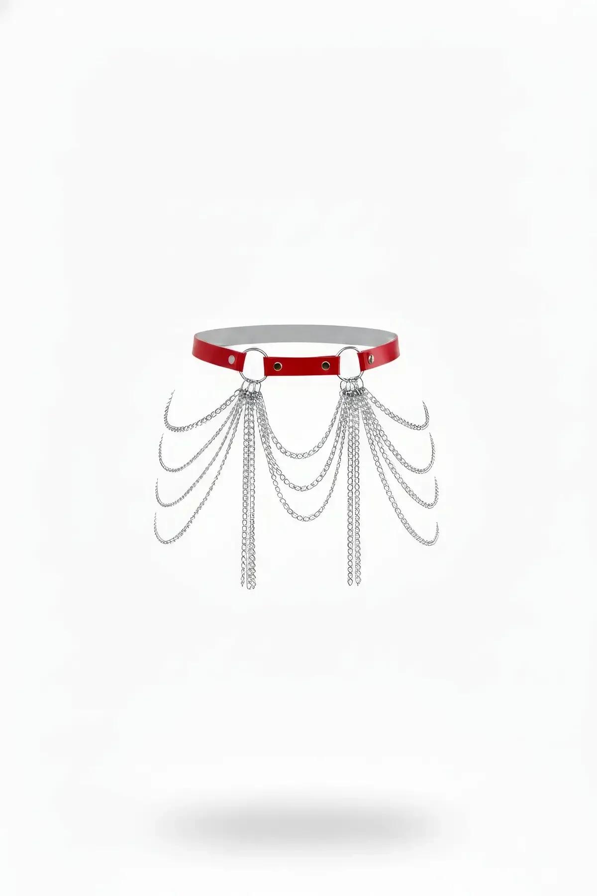 Red Choker with Layered Draped Chains & O-Rings