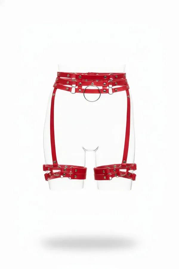 Triple-Strap Garter Harness with O-Ring & Rivet Details