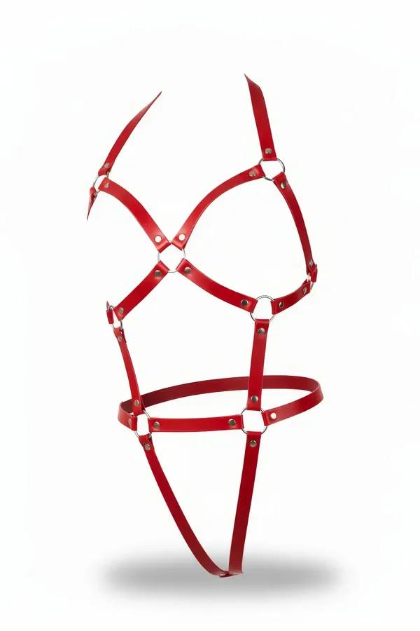 Adjustable Red Leather Body Harness with Metal Ring Details